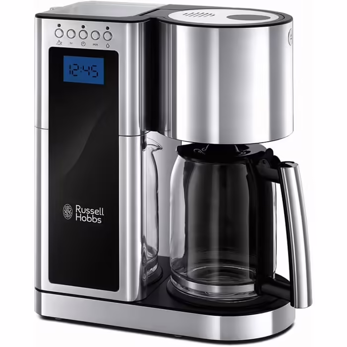 Цифровая кофеварка Russell Hobbs Elegance из нержавеющей стали, функция таймера, до 10 чашек, стекляннй чайник обемом 1,25 л, мощностью 1600 Вт, и тостер с длиннм шлицем из стекла/нержавеющей стали Elegance, в комплекте. Насадка для булочек, 1420 Вт, 2338
