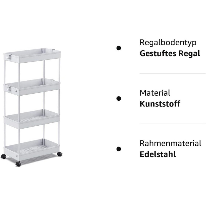 Полка на колёсиках с 4 уровнями 40x22x86 см, серая SPACEKEEPER